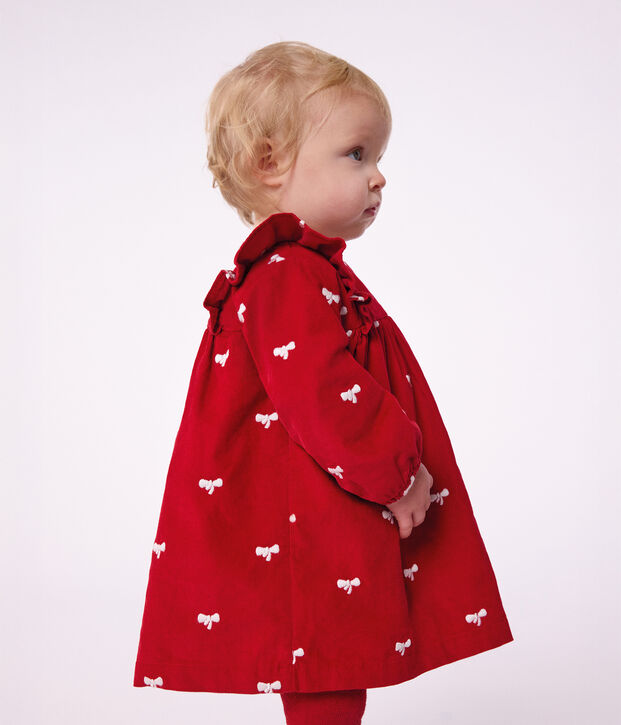 Lang&auml;rmeliges Baby-Kleid aus Feincord mit Stickereien und Schleifenmotiv rot/naturfarben