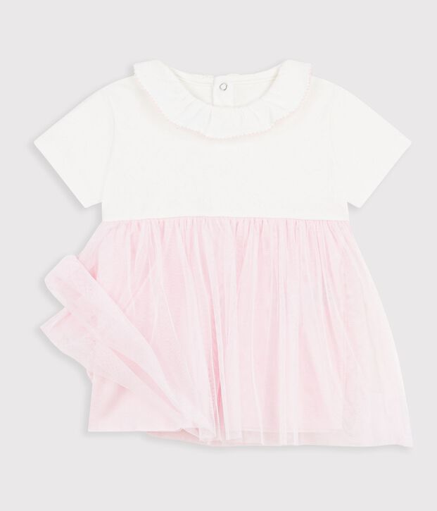 Kurz&auml;rmeliges Baby-Kleid aus zwei Stoffen rosa/rosa