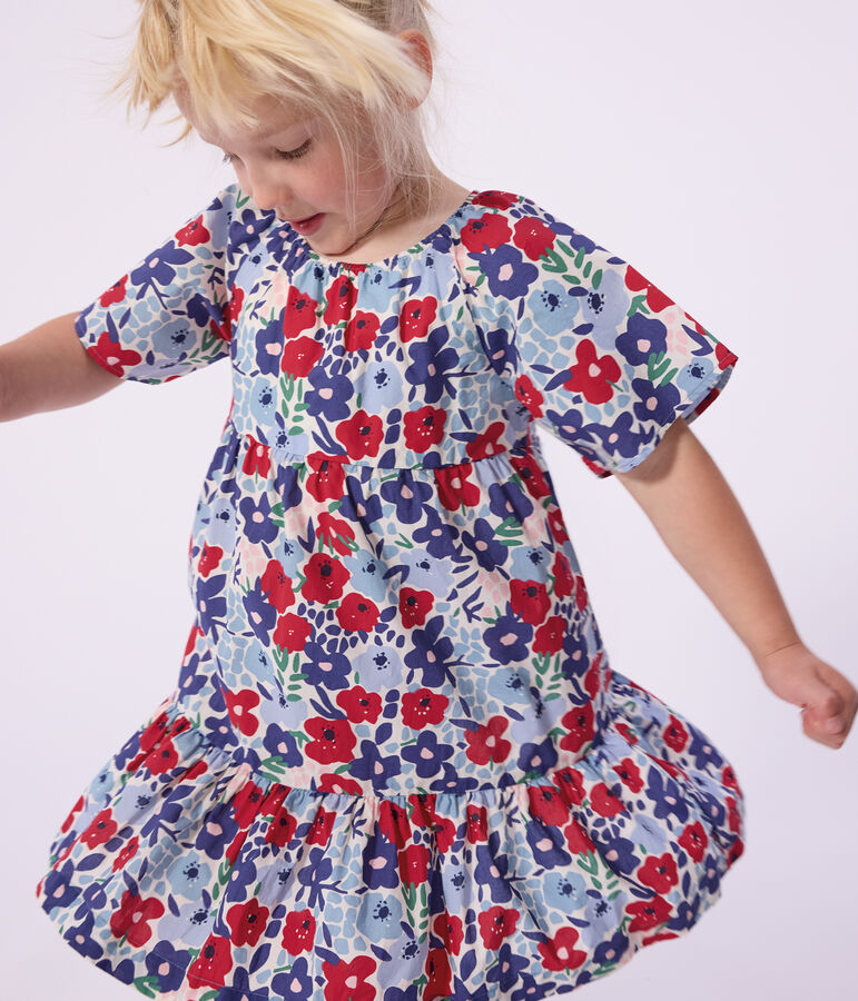 Kurz&auml;rmeliges Kinder-Kleid aus Baumwolle mit Blumenmotiv weiss/vielfarbig