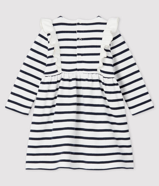 Langärmeliges Baby-Kleid für Mädchen weiss MARSHMALLOW/blau SMOKING