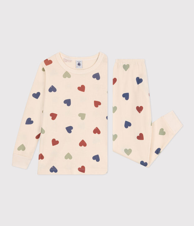 Kinderpyjama aus Baumwolle mit Herz-Printmotiv naturfarben/vielfarbig