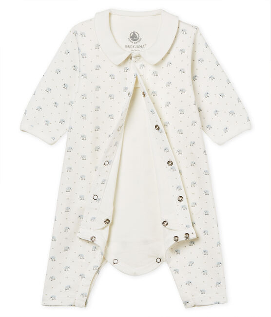 Gemusterter baby-bodyjama ohne füsse jungen 1x1-gerippt weiss MARSHMALLOW/weiss MULTICO