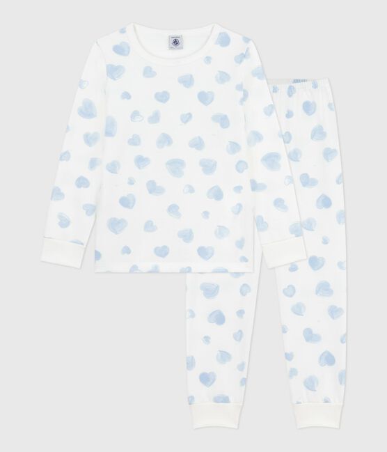 Kinder-Pyjama aus Molton mit Herzmuster weiss MARSHMALLOW/weiss MULTICO