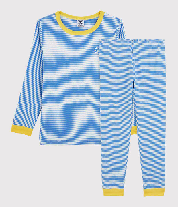 Kinderpyjama aus Bio-Baumwolle mit Ringelstreifen blau/weiss