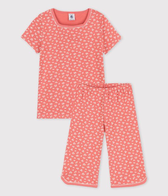 Kurzärmeliger Kinderpyjama aus Bio-Baumwolle mit Blumenmuster für Mädchen rosa PAPAYE/ MARSHMALLOW