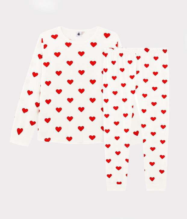 Baumwollpyjama f&uuml;r Kinder mit Herzchenmuster weiss/rot