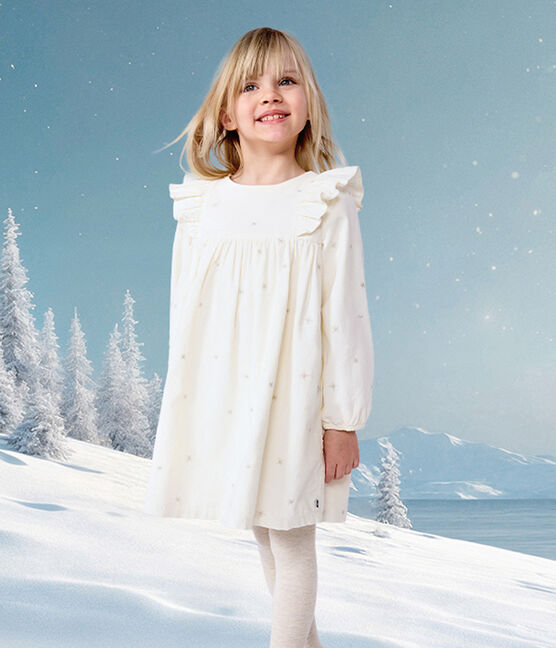 Langärmeliges Kinder-Kleid aus einfarbigem Fein-Cord. naturfarben MILK/ ARGENT