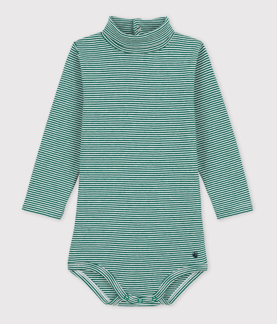 Langärmeliger gestreifter Baby-Body aus Baumwolle mit Rollkragen EVERGREEN/ MARSHMALLOW