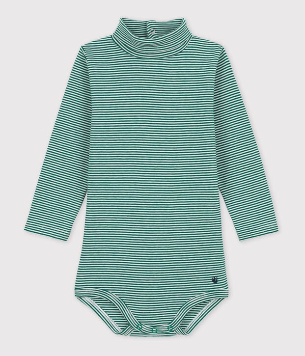 Lang&auml;rmeliger gestreifter Baby-Body aus Baumwolle mit Rollkragen gr&uuml;n/weiss