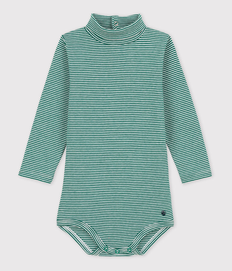 Lang&auml;rmeliger gestreifter Baby-Body aus Baumwolle mit Rollkragen EVERGREEN/ MARSHMALLOW