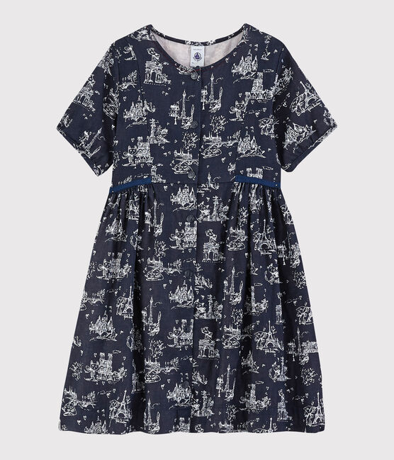 Kurzärmeliges Kinderkleid aus Doppeljersey für Mädchen blau SMOKING/weiss ECUME