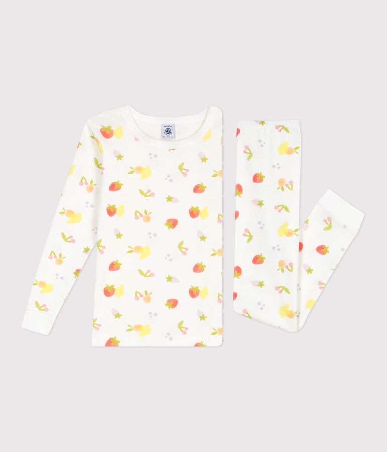 Eng anliegender Kinder-Pyjama aus Baumwolle mit Fruchtmotiv weiss MARSHMALLOW/weiss MULTICO