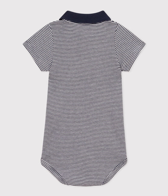 Kurzärmeliger Baby-Body aus gestreifter Baumwolle mit Polokragen blau SMOKING/weiss MARSHMALLOW