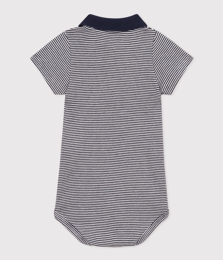 Kurz&auml;rmeliger Baby-Body aus gestreifter Baumwolle mit Polokragen blau SMOKING/weiss MARSHMALLOW