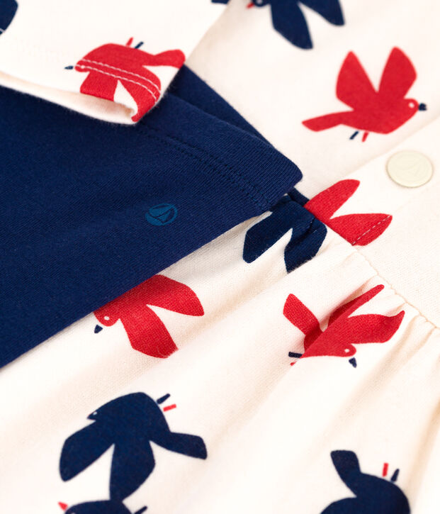 Lang&auml;rmeliges Baby-Kleid und Leggings mit Vogelmotiv. naturfarben/vielfarbig