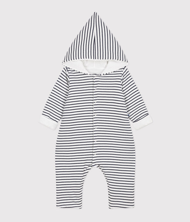 Langer wattierter Baby-Overall aus Baumwolle mit Kapuze weiss/blau