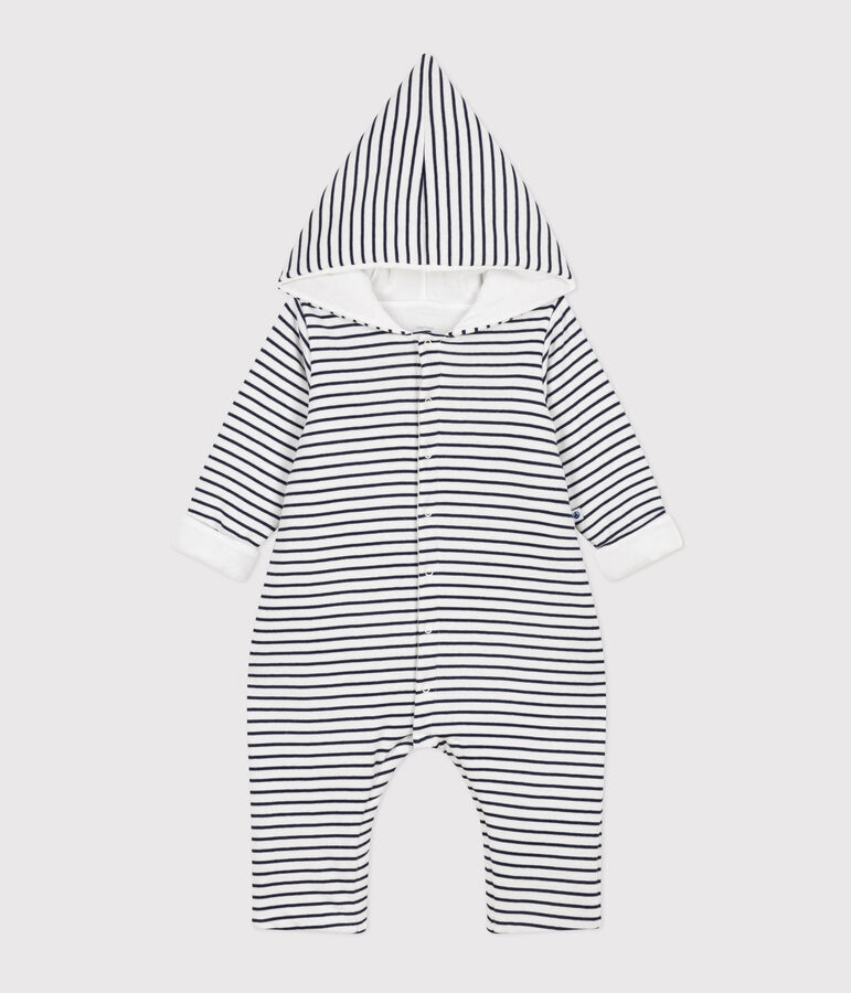 Langer wattierter Baby-Overall aus Baumwolle mit Kapuze weiss/blau