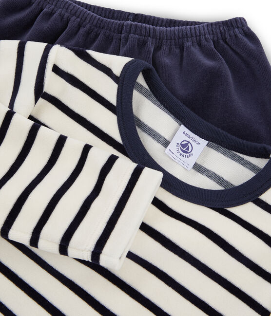 Samt-Pyjama für kleine Jungen blau SMOKING/beige COQUILLE