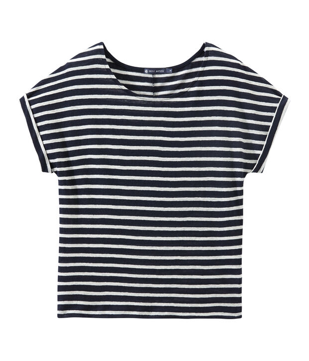 Gestreiftes Damen-T-Shirt aus Leinen blau/weiss