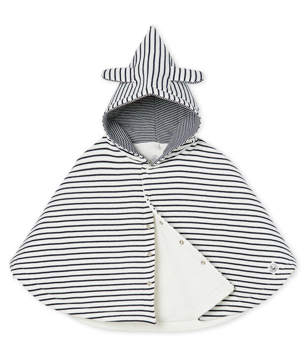 Emblematisches Baby-Cape aus wattiertem Rippstrick weiss/blau