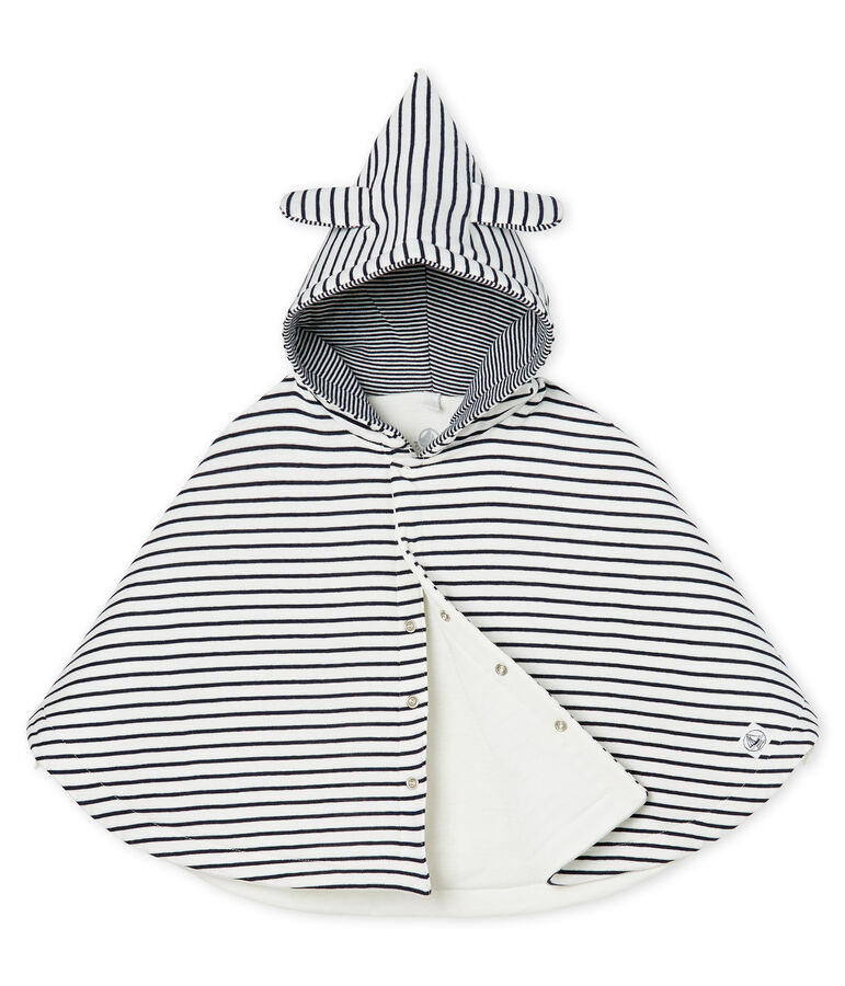 Emblematisches Baby-Cape aus wattiertem Rippstrick weiss MARSHMALLOW/blau SMOKING