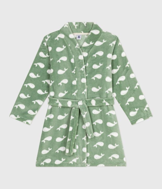 Kinder-Morgenmantel aus Fleece mit Muster gr&uuml;n/weiss