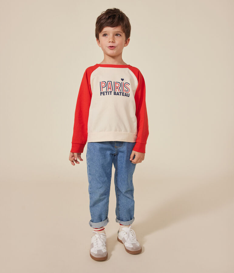 Kinder-Sweatshirt aus leichtem Molton naturfarben/rot