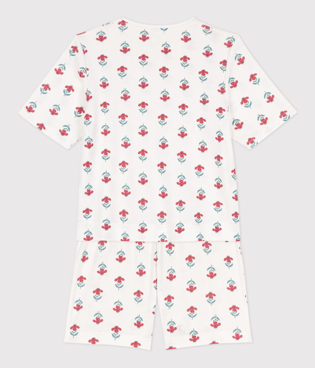 Kurzpyjama aus Baumwolle mit Blumen f&uuml;r Damen weiss/vielfarbig