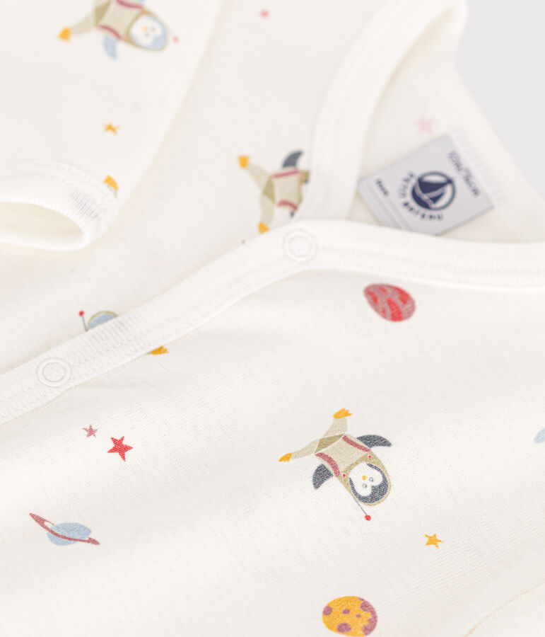 Strampler ohne F&uuml;&szlig;chen aus Baumwolle mit kleinen Pinguinen im Weltraum weiss MARSHMALLOW/weiss MULTICO