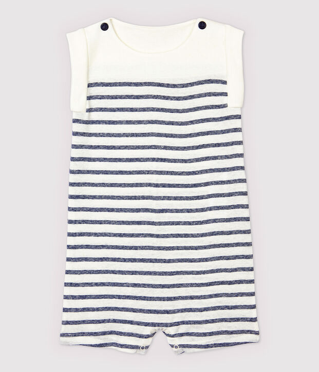 Gestreifter Baby-Kurzoverall aus Baumwolle/Leinen f&uuml;r Jungen weiss/blau