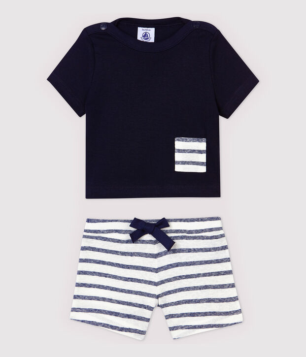 Baby-Ensemble aus T-Shirt/Shorts aus Baumwolle/Leinen f&uuml;r Jungen blau/weiss