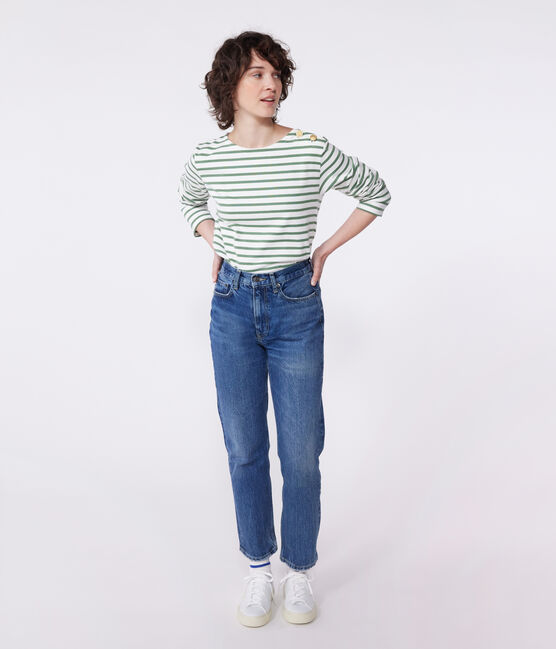 Langärmeliges Damen-Streifenshirt "Marinière" aus Baumwolle grün MARSHMALLOW/ PALMERAIE