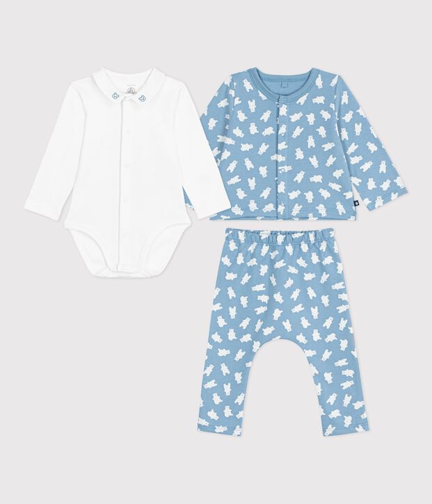 3-teiliges Baby-Set mit B&auml;renmotiv und Body mit besticktem Kragen blau/vielfarbig