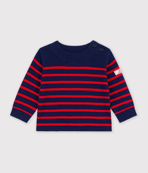 Baby-Pullover im Marine-Look aus Wolle und Baumwolle mit Streifen blau/rot
