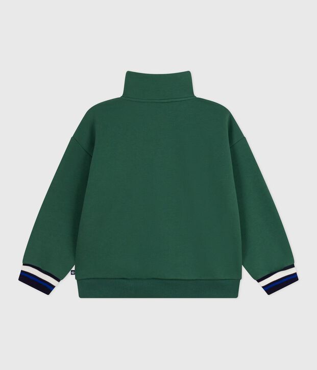 Kinder-Sweatshirt mit Reiverschluss-Kragen aus einfarbiger Baumwolle gr&uuml;n