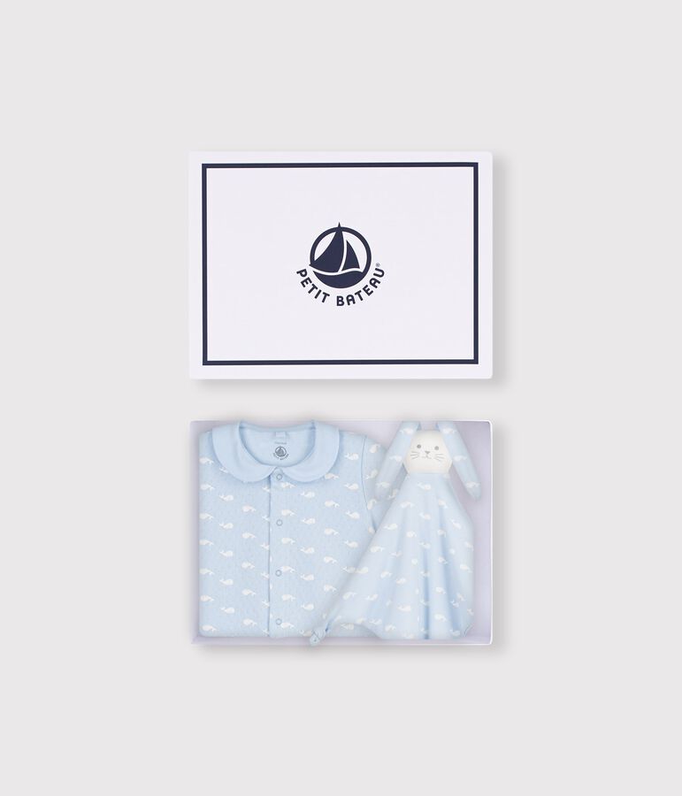 Baby-Geschenkset Overall und Kuscheltier mit Walmotiven blau/weiss