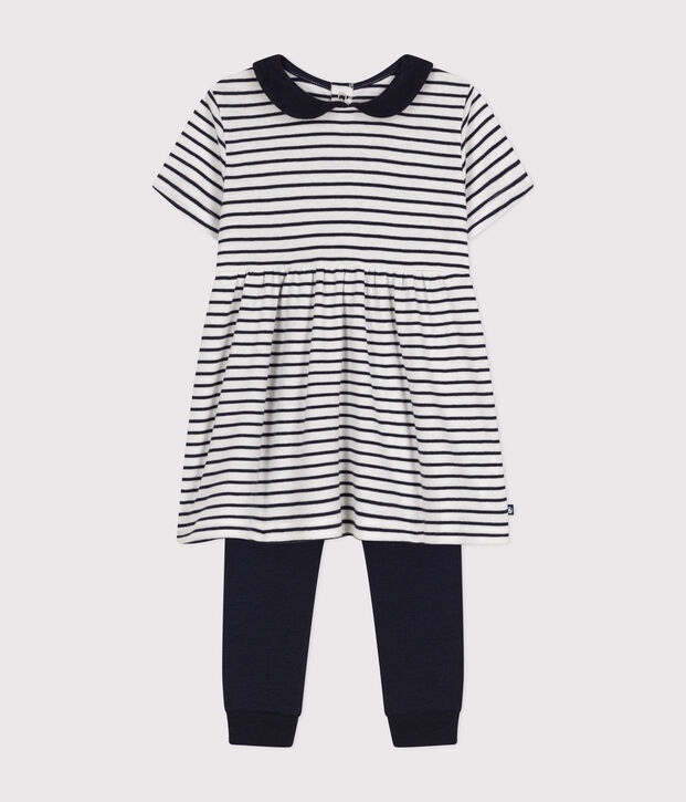Babyset aus Baumwolle, bestehend aus Kleid und Leggings weiss/blau