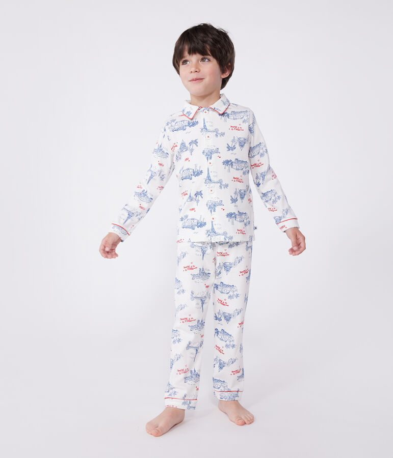 Kinder-Pyjama mit Knopfverschluss aus Baumwolle mit Paris-Motiven weiss/vielfarbig