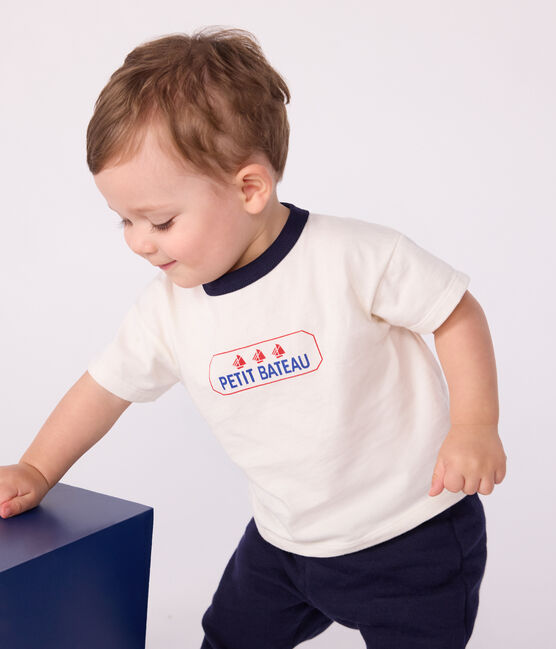 Langärmeliges Baby-T-Shirt aus Baumwolle mit Vintage-Logo weiss MARSHMALLOW