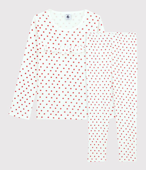 Kinderpyjama aus Baumwolle mit rotem Polka-Dot-Muster f&uuml;r M&auml;dchen weiss/rot