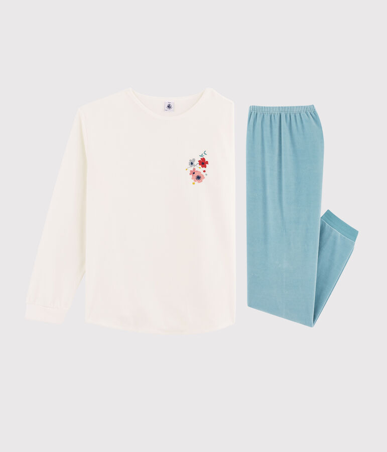 Pyjama aus Nicki f&uuml;r M&auml;dchen/Damen weiss/blau