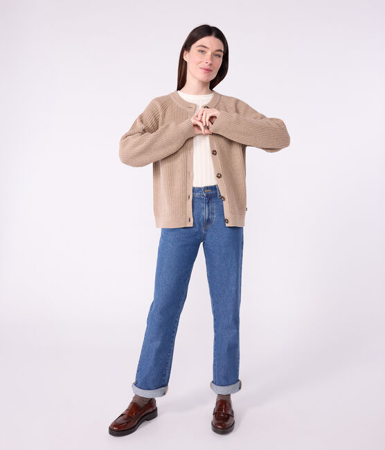Damen-Cardigan aus einfarbiger Wolle und Baumwolle braun ROCHE