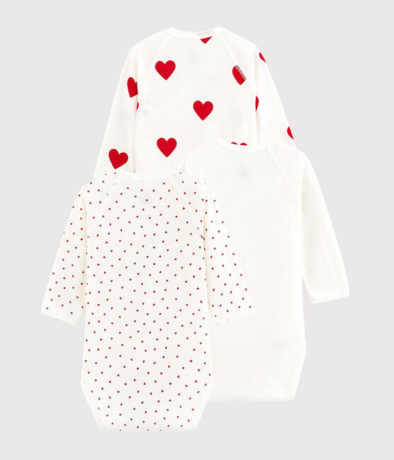 3er-Set langärmelige gekreuzte Baby-Bodys aus Bio-Baumwolle rote Herzchen variante 1