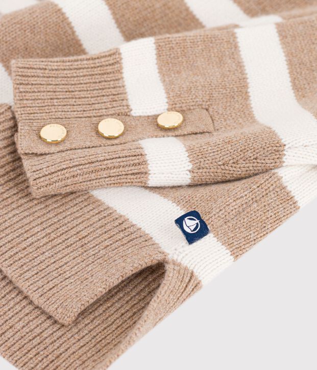 Damen-Pullover mit Rollkragen aus Wolle und Baumwolle mit Streifen beige/naturfarben