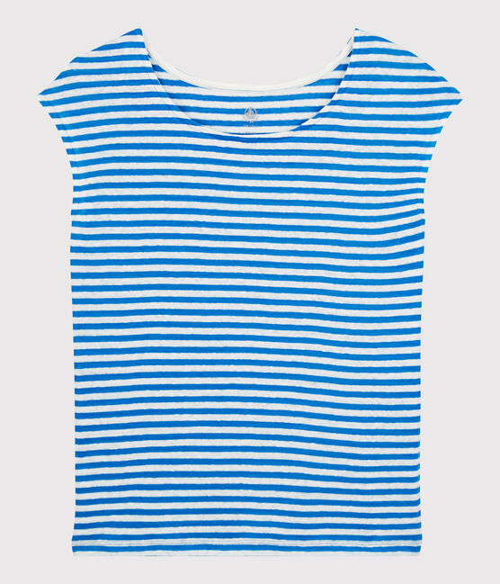 Gestreiftes Damen-T-Shirt aus Leinen blau MYKONOS/weiss MARSHMALLOW