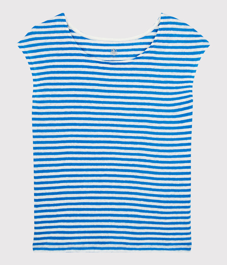 Gestreiftes Damen-T-Shirt aus Leinen blau/weiss