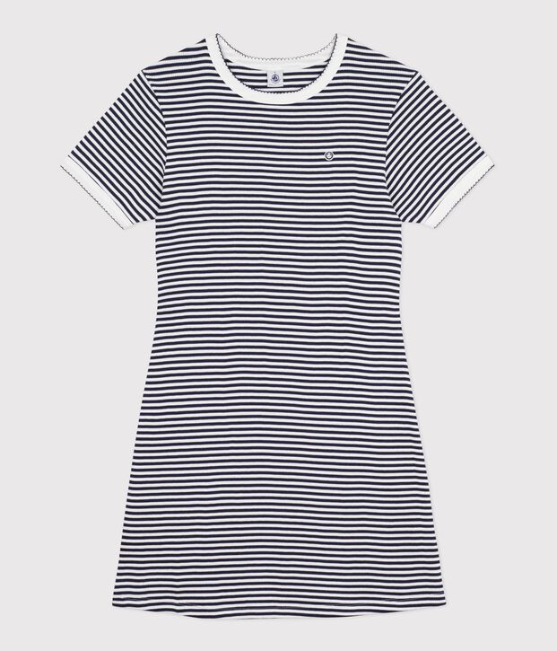 Kurzes Damen-Kleid aus Baumwolle blau/weiss