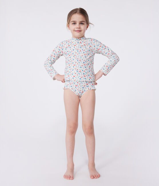 Langärmeliges Kinder Bade-T-Shirt mit UV-Schutz und Blumenmuster weiss MARSHMALLOW/weiss MULTICO