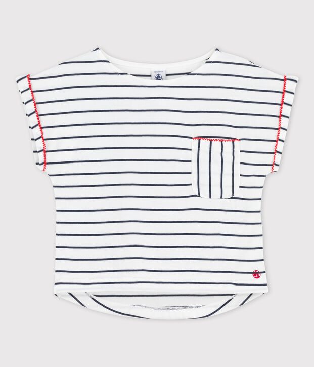 Kurz&auml;rmeliges T-Shirt aus Baumwolle f&uuml;r M&auml;dchen weiss/blau