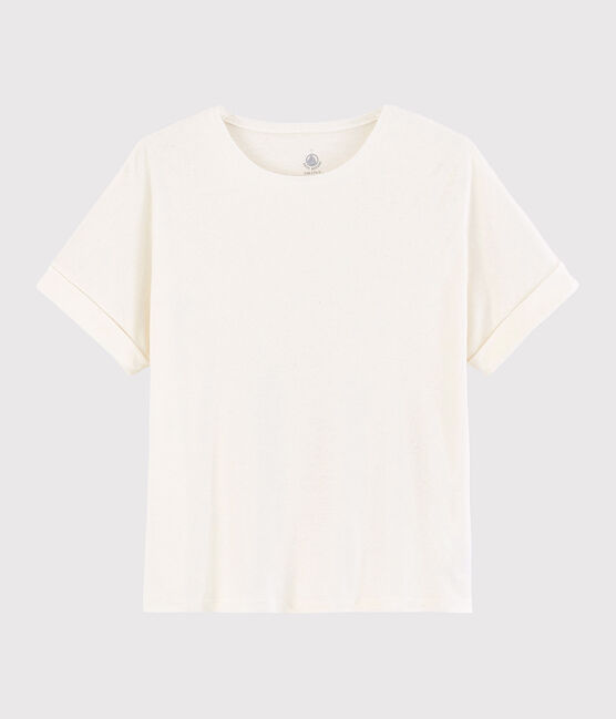 Einfarbiges T-Shirt aus Baumwolle/Leinen Damen weiss MARSHMALLOW